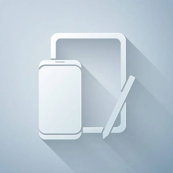 Papiergeschnittenes Smartphone, Handy und Grafik-Tablet-Symbol isoliert auf grauem Hintergrund. Papierkunst. Vektorillustration — Stockvektor