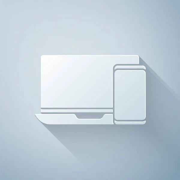 Carta tagliata Monitor per computer e icona del telefono cellulare isolati su sfondo grigio. Guadagni in Internet, marketing. Stile cartaceo. Illustrazione vettoriale — Vettoriale Stock
