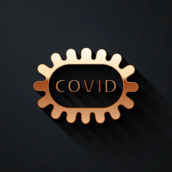 Icono del virus Gold Corona covid-19 aislado sobre fondo negro. Bacterias y gérmenes, cáncer de células, microbios, hongos. Estilo de sombra larga. Ilustración vectorial — Vector de stock