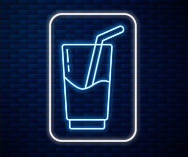 Parlak neon hattı. Kokteyl ve alkol ikonu tuğla duvar arkasında izole edilmiş. Vektör İllüstrasyonu