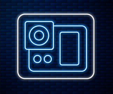 Parlayan neon hat kamera ikonu tuğla duvar arka planında izole edildi. Fotoğraf makinesi simgesi. Vektör İllüstrasyonu