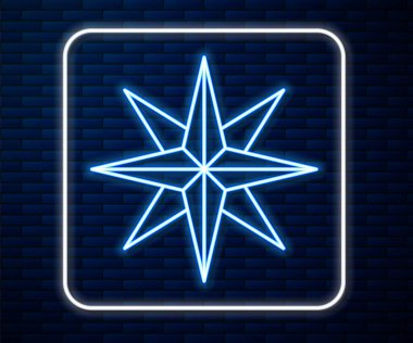 Parlayan neon çizgisi. Rüzgar gül ikonu tuğla duvar arkasında izole edilmiş. Seyahat için pusula simgesi. Navigasyon tasarımı. Vektör İllüstrasyonu