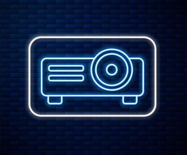 Parlak neon hattı sunumu, film, film, medya projektörü ikonu tuğla duvar arka planında izole edildi. Vektör İllüstrasyonu