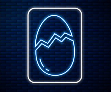 Parlayan neon hattı. Kırık yumurta ikonu tuğla duvar arkasında izole edilmiş. Mutlu Paskalyalar. Vektör İllüstrasyonu