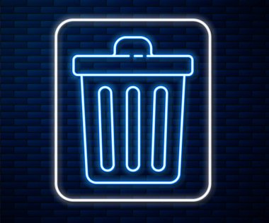 Parlayan neon hattı çöp kutusu simgesi tuğla duvar arka planında izole edildi. Çöp kutusu tabelası. Sepet simgesini geri dönüştür. Ofis çöpü ikonu. Vektör İllüstrasyonu