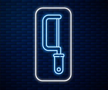 Parlayan neon hattı Demir Testere simgesi tuğla duvar arka planında izole edildi. Tahta ve metal testeresi. Vektör İllüstrasyonu