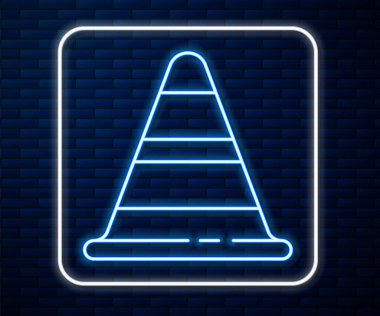 Parlayan neon hattı trafik konisi simgesi tuğla duvar arka planında izole edildi. Vektör İllüstrasyonu