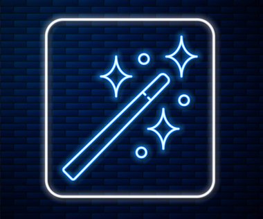 Parlayan neon hattı sihirli çubuk simgesi tuğla duvar arka planında izole edildi. Yıldız şeklinde sihirli aksesuar. Sihirli güç. Vektör İllüstrasyonu