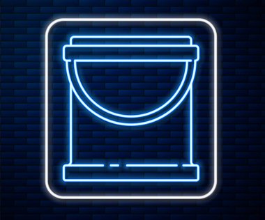 Parlayan neon çizgisi, tuğla duvar arka planında izole edilmiş kova boya ikonu. Vektör İllüstrasyonu