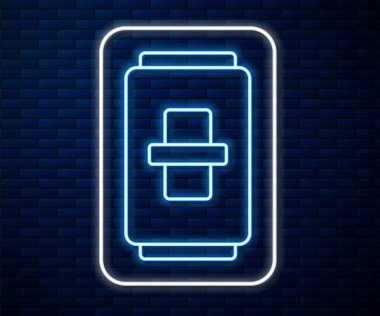 Parlayan neon hattı elektrik düğmesi simgesi tuğla duvar arka planında izole edildi. Açık ve kapalı simgesi. Loş ışık düğmesi işareti. Enerji tasarrufu kavramı. Vektör İllüstrasyonu