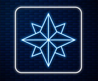 Parlayan neon çizgisi. Rüzgar gül ikonu tuğla duvar arkasında izole edilmiş. Seyahat için pusula simgesi. Navigasyon tasarımı. Vektör İllüstrasyonu