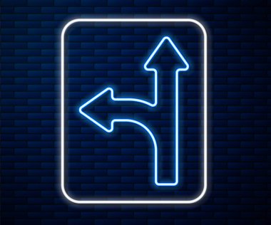 Parlayan neon hat trafik levhası. Tuğla duvar arkaplanındaki işaret simgesi izole edildi. İşaretçi sembolü. İzole sokak bilgi levhası. Yön tabelası. Vektör İllüstrasyonu