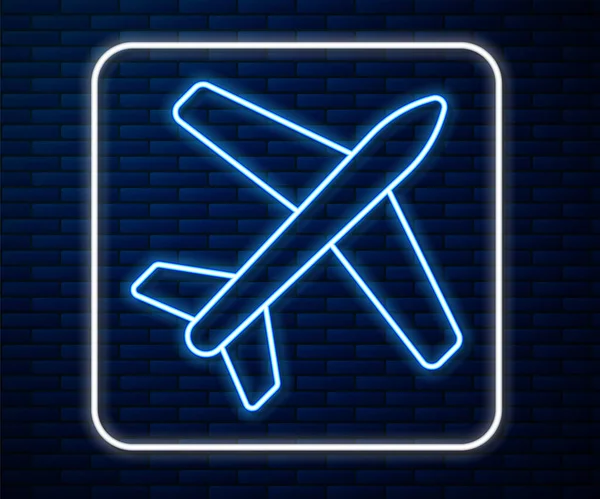 Icono plano de línea de neón brillante aislado en el fondo de la pared de ladrillo. Icono del avión volador. Firma del avión. Ilustración vectorial — Vector de stock