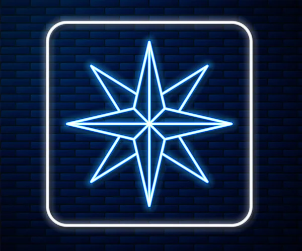 Parlayan neon çizgisi. Rüzgar gül ikonu tuğla duvar arkasında izole edilmiş. Seyahat için pusula simgesi. Navigasyon tasarımı. Vektör İllüstrasyonu