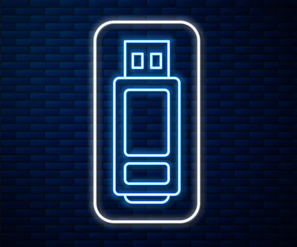Icono de unidad flash USB de línea de neón brillante aislado en el fondo de pared de ladrillo. Ilustración vectorial — Vector de stock