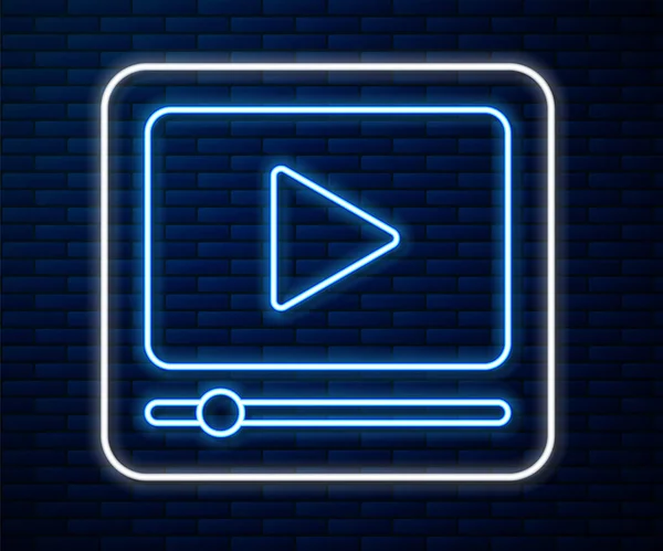 Світлова неонова лінія Онлайн гра відео значок ізольовано на цегляному фоні стіни. Фільм з ігровим знаком. Векторна ілюстрація — стоковий вектор