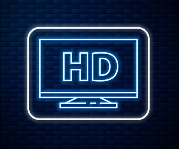 Parlayan neon hattı Akıllı ekran ve tuğla duvar arka planında HD video teknolojisi simgesi izole. Vektör İllüstrasyonu — Stok Vektör