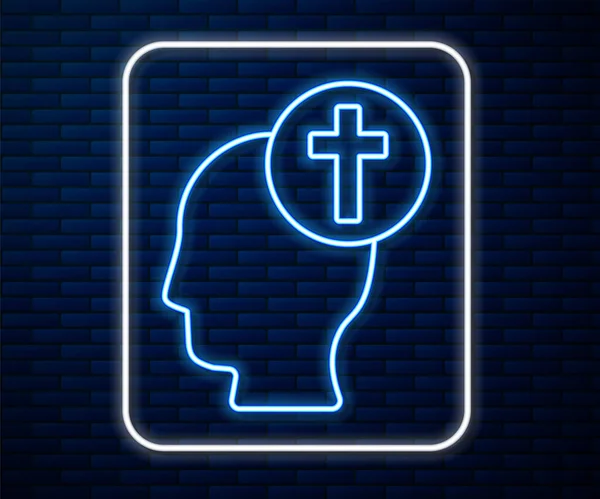 Zářící neonová linie Lidská hlava s ikonou křesťanského kříže izolovaná na pozadí cihlové zdi. Vektorová ilustrace — Stockový vektor