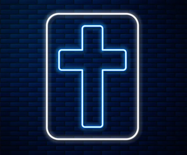 Glowing neon line Christian cross icon isolated on brick wall background. Church cross. Vector Illustration — Stock Vector