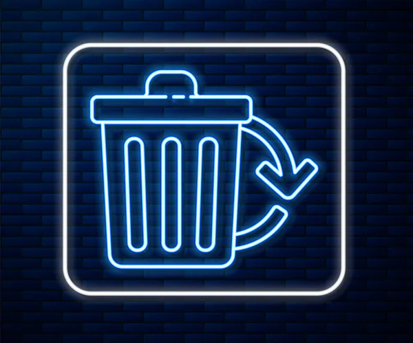Línea de neón brillante Papelera de reciclaje con icono de símbolo de reciclaje aislado en el fondo de la pared de ladrillo. Icono de bote de basura. Cartel de basura. Reciclar signo de cesta. Ilustración vectorial — Archivo Imágenes Vectoriales