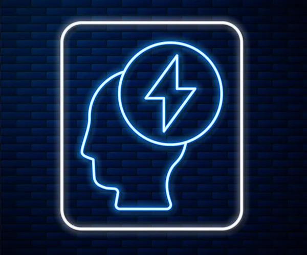 Línea de neón brillante Icono de cabeza humana y símbolo eléctrico aislado en el fondo de la pared de ladrillo. Ilustración vectorial — Vector de stock
