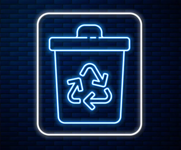 Glowing neon line Recycle bin with recycle symbol icon isolated on brick wall background. Trash can icon. Garbage bin sign. Recycle basket sign. Vector Illustration — Stock Vector