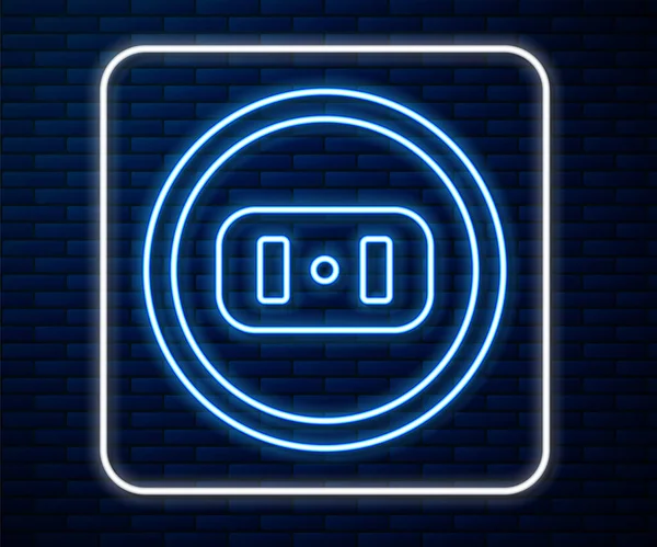 Zářící neonová linka Ikona elektrické zásuvky izolovaná na pozadí cihlové stěny. Zásuvka. Symbol Rosetty. Vektorová ilustrace — Stockový vektor