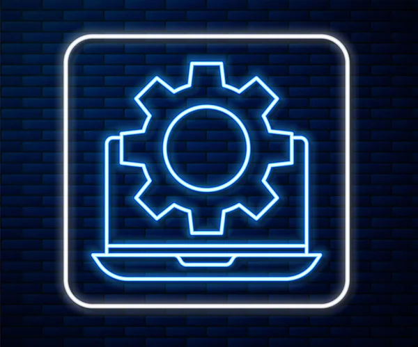 Zářící neonová čára Laptop a ozubená ikona izolované na pozadí cihlové stěny. Úprava aplikace, nastavení možností, údržba, opravy, opravy. Vektorová ilustrace — Stockový vektor