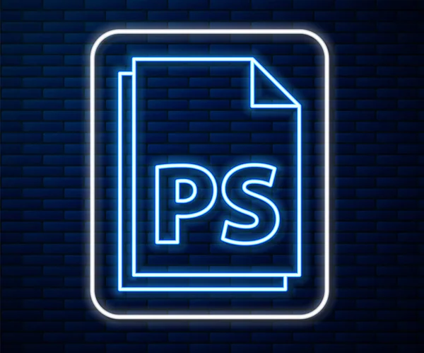 Linea al neon luminosa icona del documento PS File isolato su sfondo muro di mattoni. Illustrazione vettoriale — Vettoriale Stock