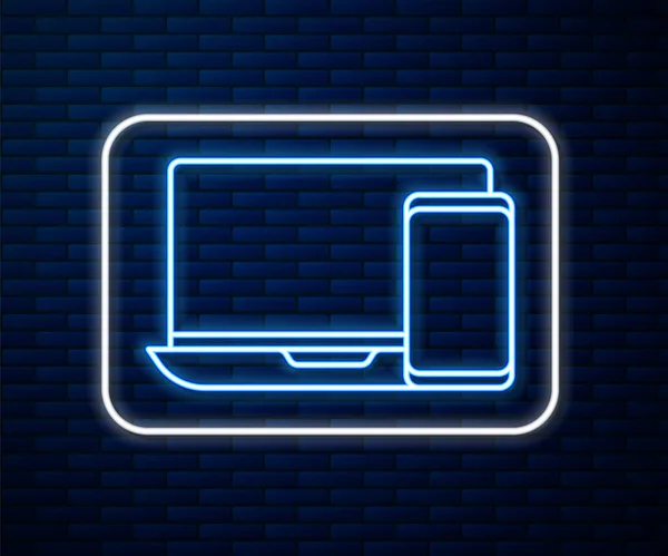 Línea de neón brillante Monitor de ordenador y teléfono móvil icono aislado en el fondo de la pared de ladrillo. Ganancias en Internet, marketing. Ilustración vectorial — Archivo Imágenes Vectoriales