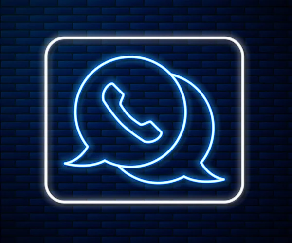 Žhnoucí neonová linka Telefon s ikonou řeči bublina chat izolované na pozadí cihlové zdi. Podpora zákaznického servisu, horké linky, call centra, faq. Vektorová ilustrace — Stockový vektor