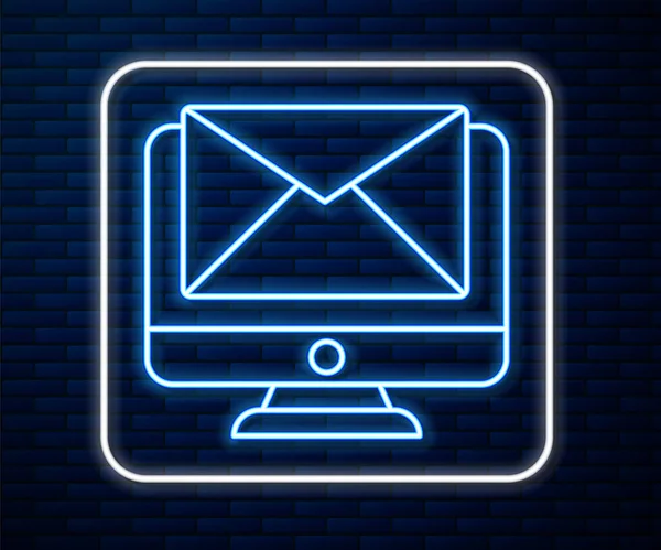 Λαμπερό νέον γραμμή Monitor και φάκελο, νέο μήνυμα, το εικονίδιο ταχυδρομείου απομονώνονται σε τούβλο τοίχο φόντο. Χρήση για ενημερωτικά δελτία ηλεκτρονικού ταχυδρομείου, κεφαλίδες, αναρτήσεις blog. Εικονογράφηση διανύσματος — Διανυσματικό Αρχείο