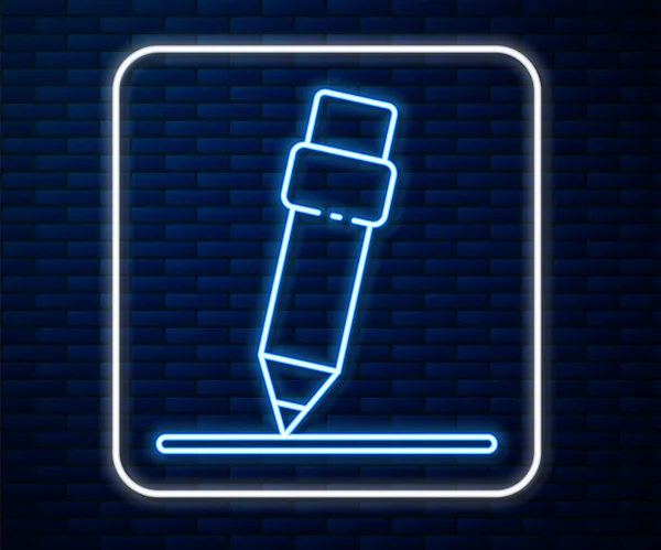 Linea neon incandescente Matita con icona gomma isolata su sfondo muro di mattoni. Strumenti di disegno e didattici. Simbolo dell'ufficio scolastico. Illustrazione vettoriale — Vettoriale Stock