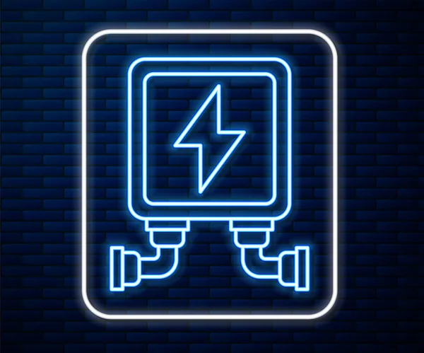 Línea de neón brillante Icono del transformador eléctrico aislado en el fondo de la pared de ladrillo. Ilustración vectorial — Archivo Imágenes Vectoriales