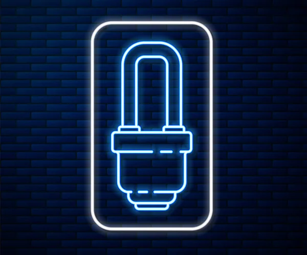 Glowing neon line LED light bulb icon isolated on brick wall background. Economical LED illuminated lightbulb. Save energy lamp. Vector Illustration — 스톡 벡터