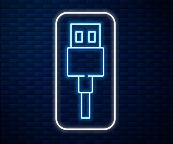 Λαμπερό εικονίδιο καλωδίου νέον γραμμή USB καλώδιο απομονώνονται σε φόντο τούβλο τοίχο. Συνδέσεις και υποδοχές για PC και κινητές συσκευές. Εικονογράφηση διανύσματος — Διανυσματικό Αρχείο