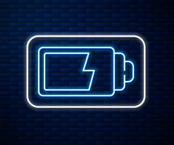 Gloeiende neon lijn Batterij laadniveau indicator pictogram geïsoleerd op baksteen muur achtergrond. Vector Illustratie — Stockvector