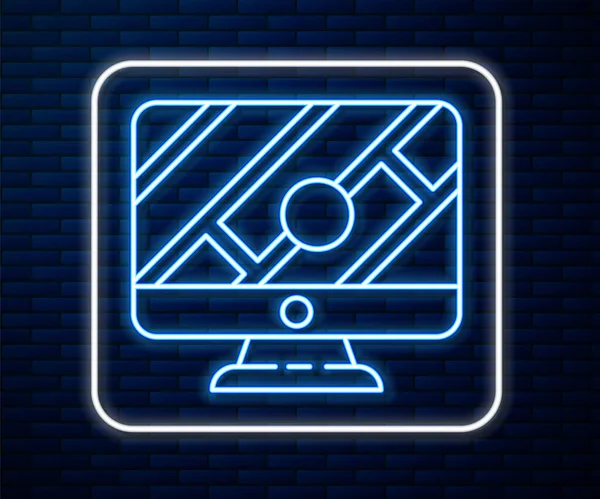 Línea de neón brillante Monitor de computadora y mapa plegado con icono de marcador de ubicación aislado en el fondo de la pared de ladrillo. Ilustración vectorial — Vector de stock