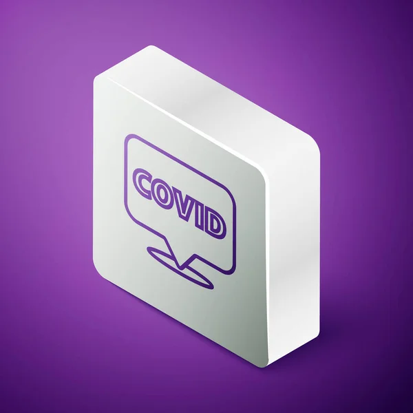 Isometric line Corona virus covid-19 on location icon isolated on purple background. Bacteria and germs, cell cancer, microbe, fungi. Silver square button. Vector Illustration — Stock Vector