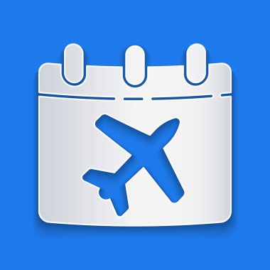 Kağıt kesiği Seyahat planlama takvimi ve mavi arka planda izole edilmiş uçak simgesi. Planlanmış bir tatil gezisi. Kağıt sanatı tarzı. Vektör İllüstrasyonu