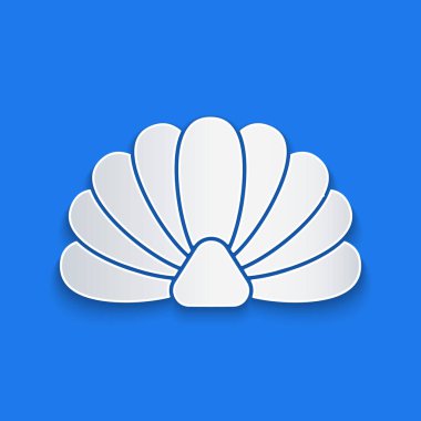 Kağıt kesiği Deniz Kabuğu simgesi mavi arkaplanda izole edildi. Deniz kabuğu tabelası. Kağıt sanatı. Vektör İllüstrasyonu