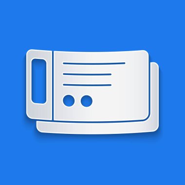 Kağıt kesme seyahat bilet simgesi mavi arka planda izole. Tren, gemi, uçak, tramvay, otobüs taşımacılığı. Seyahat hizmeti konsepti. Kağıt sanatı tarzı. Vektör Illustration