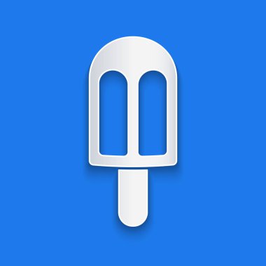 Kağıt kesiği dondurma ikonu mavi arka planda izole edilmiş. Güzel sembol. Kağıt sanatı tarzı. Vektör İllüstrasyonu