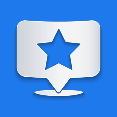 Kağıt kesiği Harita imleci. Mavi arkaplanda yıldız simgesi var. Yıldız favori iğne haritası simgesi. Harita işaretleyicileri. Kağıt sanatı tarzı. Vektör İllüstrasyonu