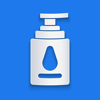 Kağıt kesiği Kişisel kayganlaştırıcı simgesi mavi arka planda izole edildi. Yağlama jeli. Erotik seks oyunları için krem. Paketli tüp. Kağıt sanatı tarzı. Vektör İllüstrasyonu