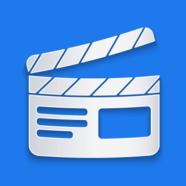 Kağıt kesiği Film alkışlama simgesi mavi arkaplanda izole edildi. Film alkışlama tahtası. Alkış tahtası işareti. Sinema yapımı ya da medya endüstrisi. Kağıt sanatı tarzı. Vektör İllüstrasyonu