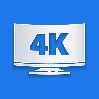 Mavi arkaplanda 4k Ultra Hd video teknolojisi ikonu bulunan kağıt kesimi ekran TV. Kağıt sanatı tarzı. Vektör İllüstrasyonu