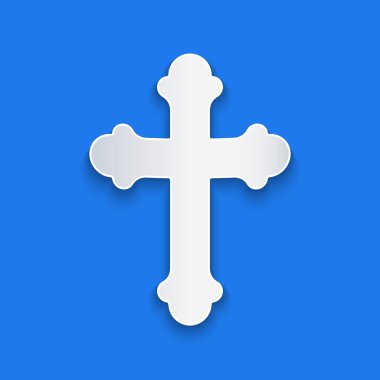 Kağıt kesiği Hıristiyan haç simgesi mavi arka planda izole edildi. Kilise haçı. Kağıt sanatı tarzı. Vektör İllüstrasyonu