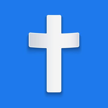 Kağıt kesiği Hıristiyan haç simgesi mavi arka planda izole edildi. Kilise haçı. Kağıt sanatı tarzı. Vektör İllüstrasyonu