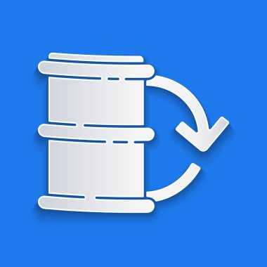 Kağıt kesiği. Mavi arka planda Eko yakıt varili simgesi var. Çevre biyolojisi ve namlusu. Yeşil çevre ve geri dönüşüm. Kağıt sanatı tarzı. Vektör İllüstrasyonu